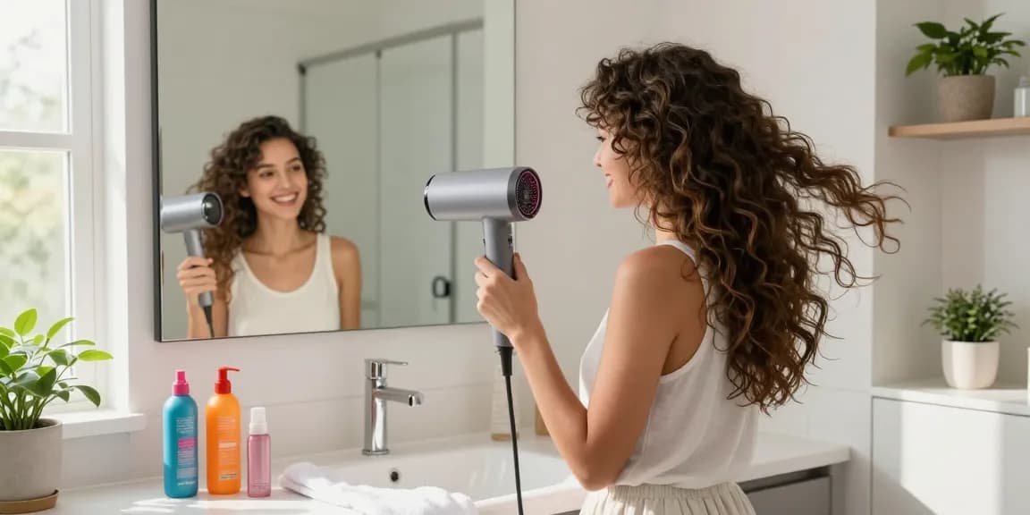 Sèche-cheveux tourmaline utilisé par une femme heureuse dans une salle de bain moderne