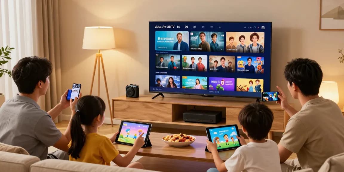 Profitez de contenus variés sur Atlas Pro ONTV en famille dans un salon moderne.