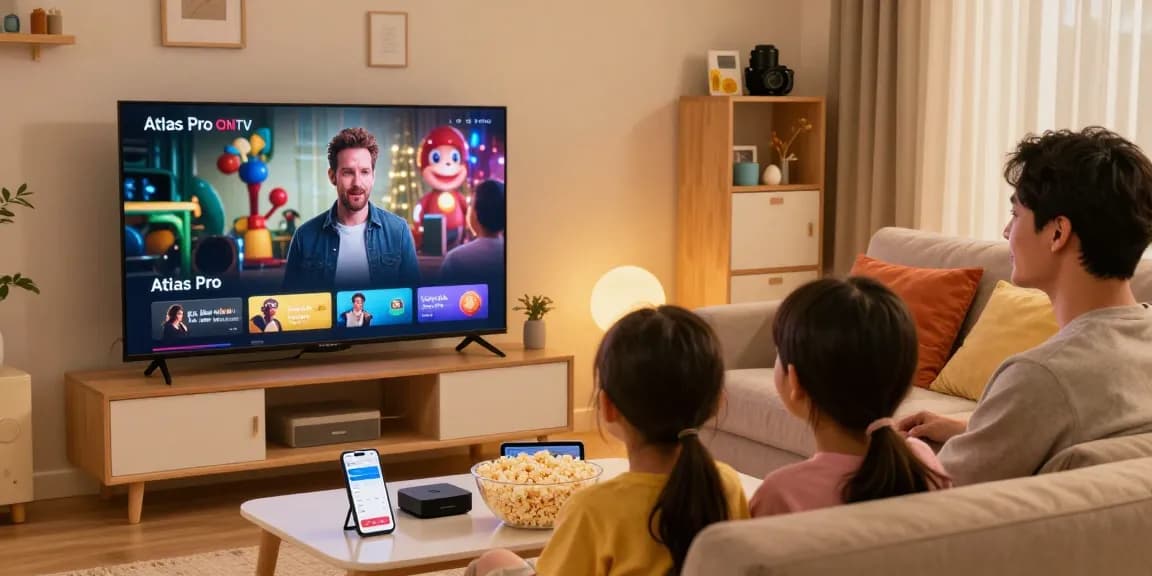 Profitez d'une soirée cinéma avec Atlas Pro ONTV, service IPTV en famille dans un salon chaleureux.